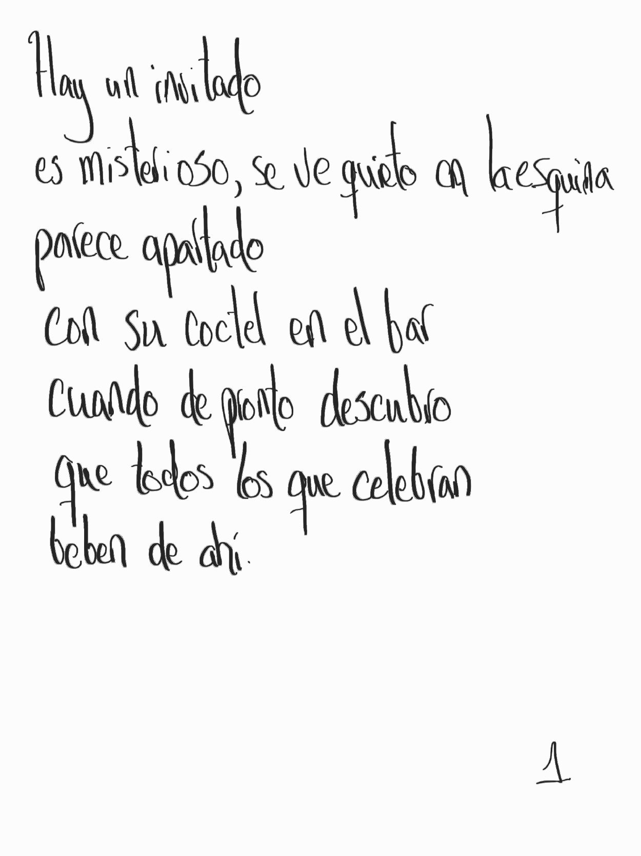 Hand-written manuscript of the poem “El origen”, beginning “Hay un invitado / es misterioso, se ve quieto en la esquina”.